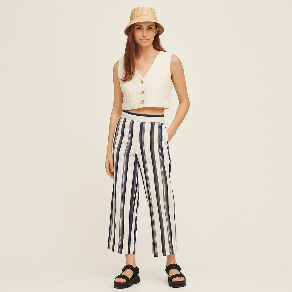 LOFT NWT XS Wide Leg Crop Pants White Blue Striped Women’s Cotton 2020